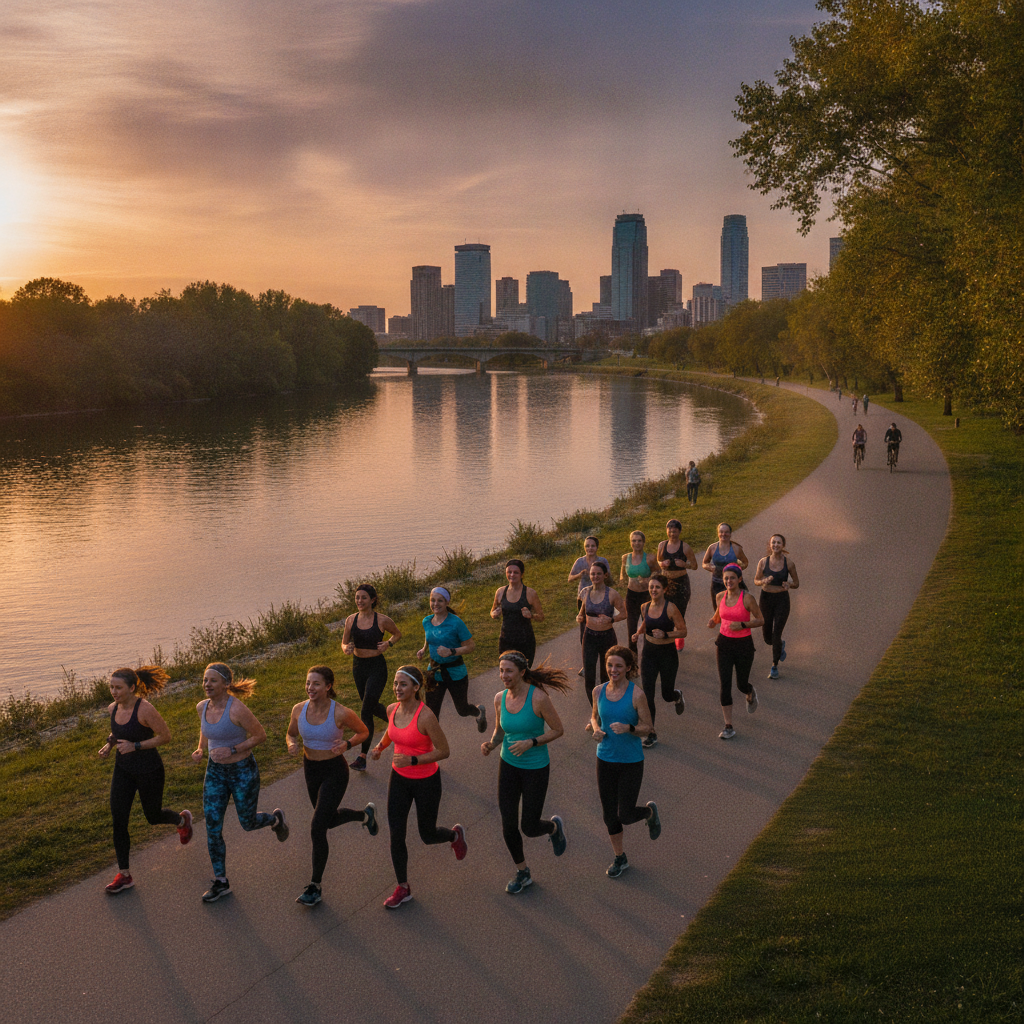 A large group of women running along a paved riverside path with a city skyline